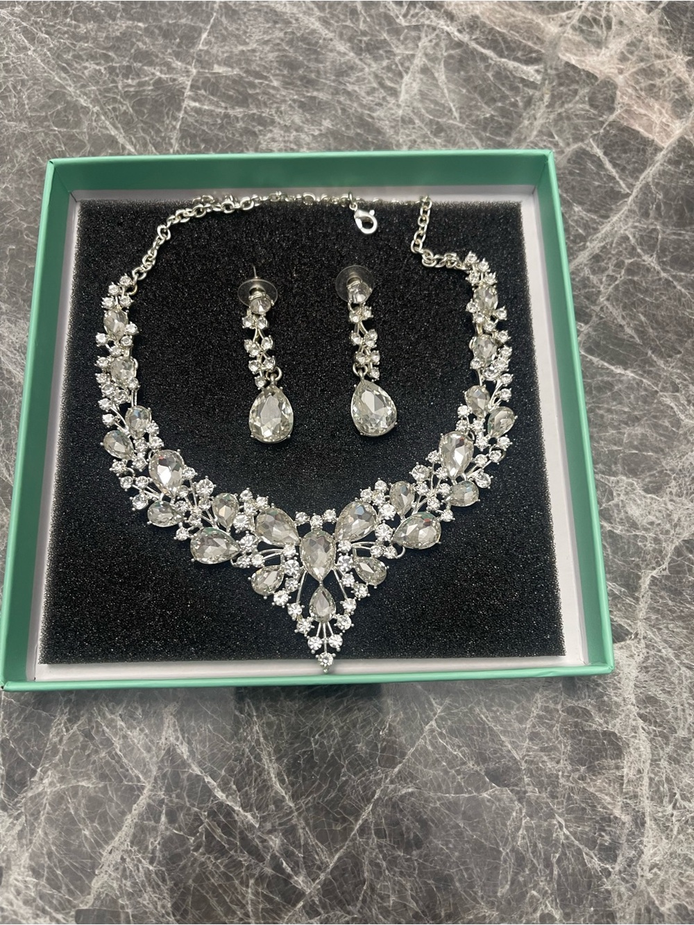 Silver Crystal Statement Necklace and Drop Earrings Set